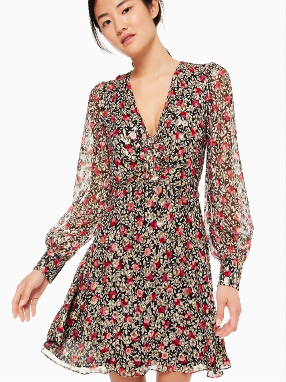 kate spade Black Floral Clip Dot Dress with Gold Accents